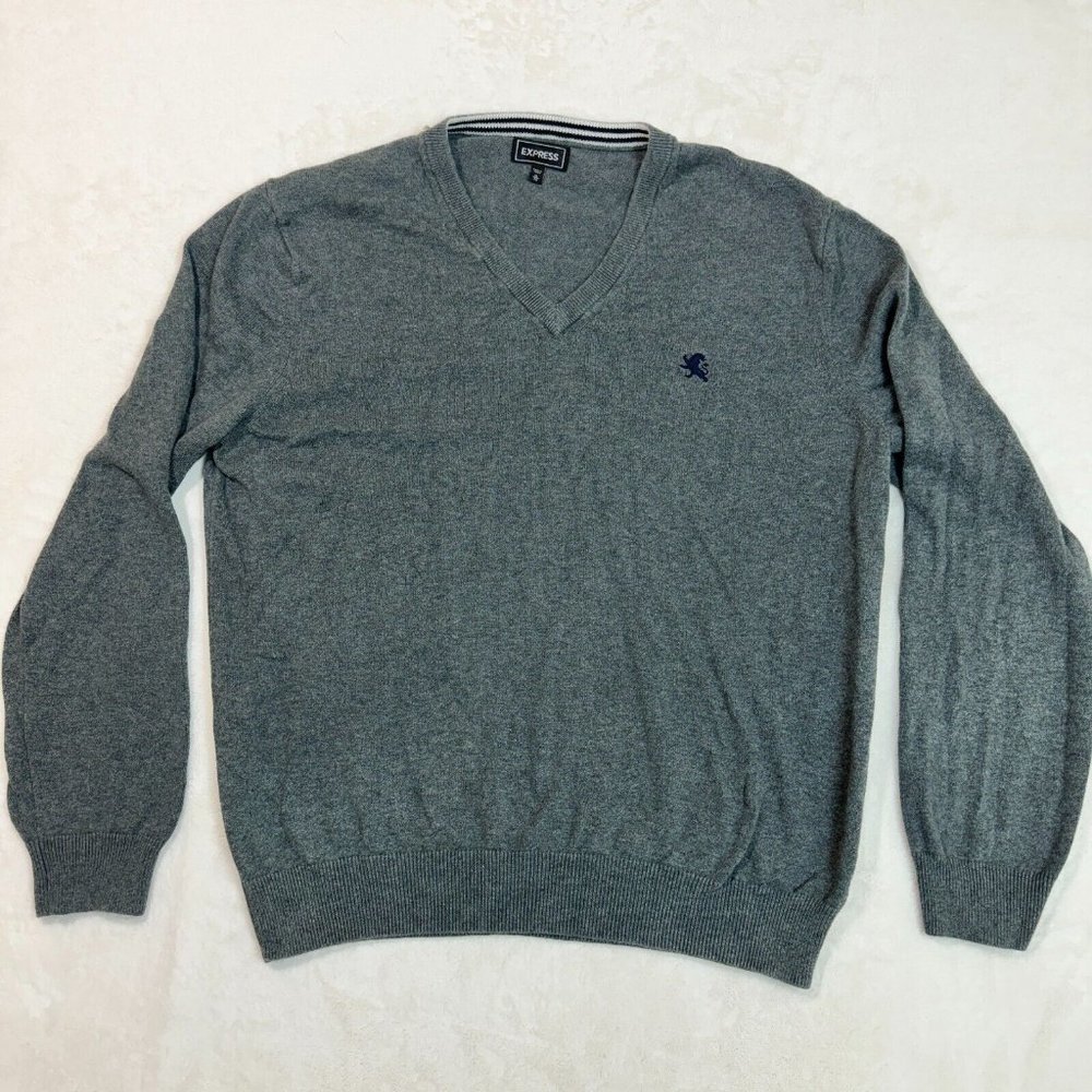 Express Men's XL Sweater Grey Solid Cotton V-Neck Top Long Sleeve Pullover